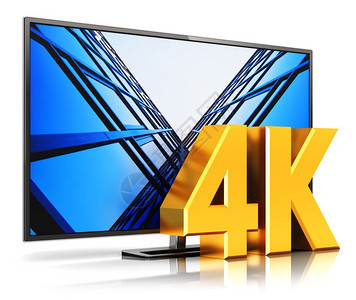 数字电视屏幕技术概念3D为4KUltraHD解析电视影或计算机PC显示器的插图在白色背景上孤立显示产生反射效果图片
