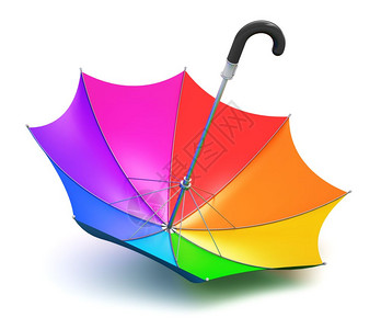 彩虹雨伞彩色虹雨伞黑把手颠倒在白色背景上孤立的白色背景上背景