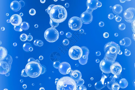 蓝色水中无序运动的气泡宏观视图图片