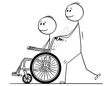 卡通插图描述微笑着的男人与残疾一起推轮椅图片
