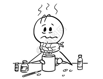 卡通棒绘制有流感寒冷或发热喝茶的病人概念图图片