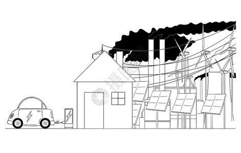 家庭用电网电车充电器的卡通插图图片