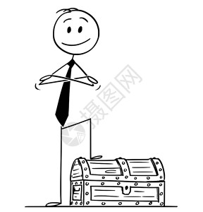 卡通棍在概念上展示自信的微笑人或商站在木藏宝箱上双手交叉图片