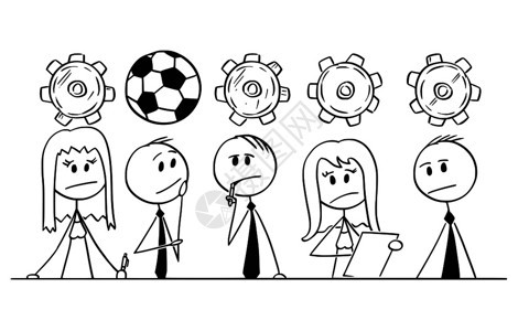 卡通Stickman绘制商人在团队聚会和集思广益期间对足球或的思考概念插图图片