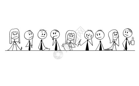 在团队会议或集思广益过程中考问题的9个商界人士和女组成的团体概念插画卡通图图片