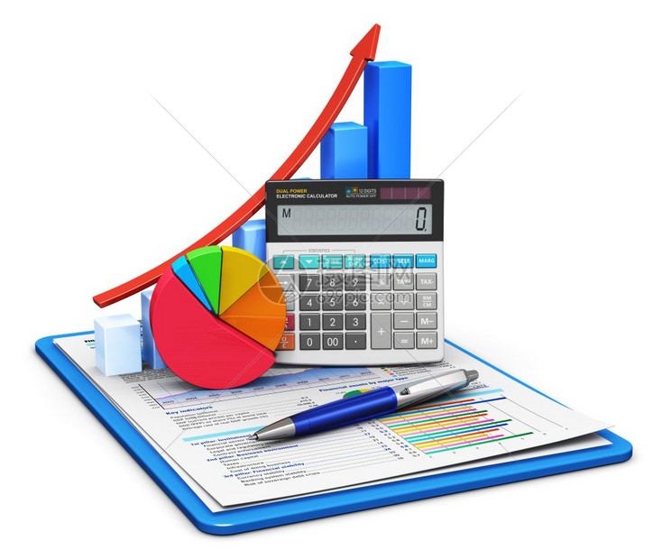 商业金融税务会计统和分析研究概念办公室电子计算器条形图和饼以及用剪贴板和白色背景孤立的多彩数据在财务报告上的笔记本图片