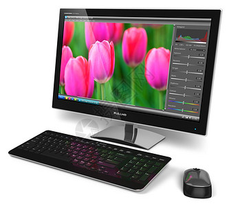 带有照片编辑软件的台式计算机在白色背景隔离的屏幕上使用照片编辑软件图片