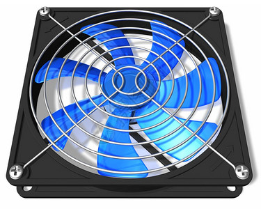 3D表示在白色背景上隔离的蓝色计算机PC底盘和CPU冷却扇图片