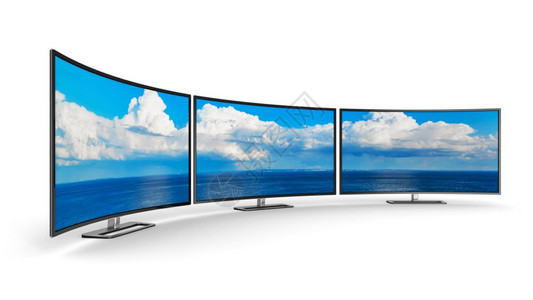 具有创意的抽象电视子技术商业概念现代弯曲电视显示屏幕全景组或白色背孤立的计算机个人电脑显示器图片