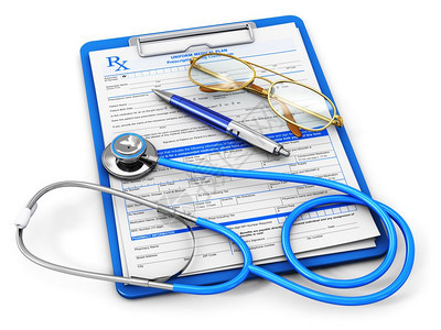 医疗生保险和健概念用处方药品报销单剪贴板听诊器眼镜和白底隔离的蓝球笔图片