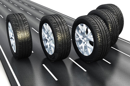 创意汽车工业概念一套黑色汽车橡胶轮驾驶白色背景孤立的沥青高速公路图片
