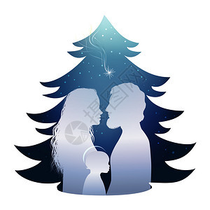 与神圣的家族隔离诞树天场景月光肖像JosephMary和蓝背景的宝Jesus图片
