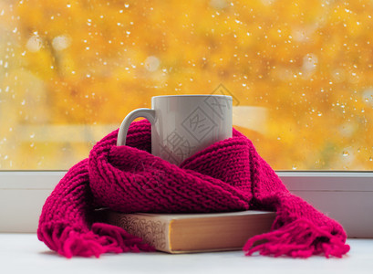 秋天生命温暖的围巾和茶杯靠近窗户复制空间图片