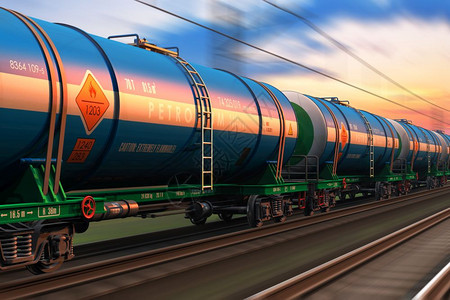 铁路货运输业和铁路货输业和铁路输工业概念现代高速火车配有油罐行驶路线运动效果模糊图片