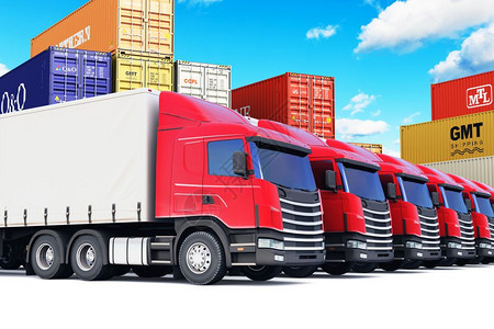 航运物流和交付商业概念3D表示在海港货运码头用堆叠的彩色货集装箱拖车行列图片
