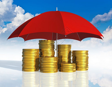 金融稳定商业成功和保险概念由红伞覆盖的堆叠金币对蓝天空白底云层及反射效果图片