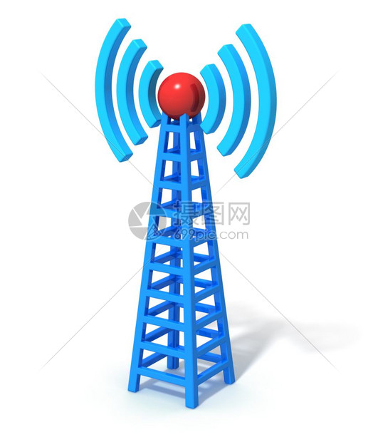 在白色背景上被隔离的蓝色无线通信塔图片