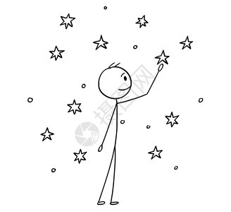 卡通棒绘制人类在天空触动恒星的概念插图图片