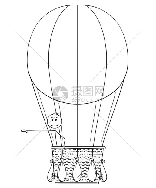 在热气球上挥手的火柴人矢量卡通插图图片