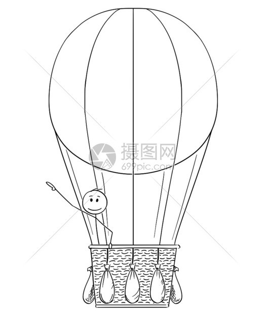 在热气球上挥手的火柴人矢量卡通插图图片
