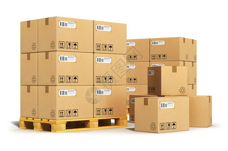 创意抽象货物交付和运输流仓储业商概念在白色背景孤立的木船货盘上堆叠装的纸板箱背景图片