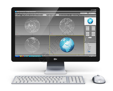 3D设计技术商业概念专台式工作站计算机个人电脑在监视屏幕键盘和白背景的鼠上有3D开发软件界面背景图片
