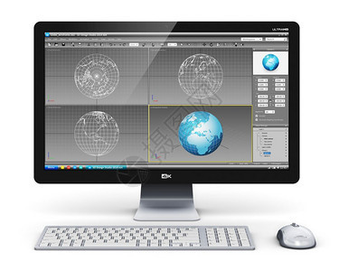 3D设计技术商业概念专台式工作站计算机个人电脑在监视屏幕键盘和白背景的鼠上有3D开发软件界面图片
