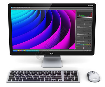 3D演示现代专业台式计算机化工作站用屏幕或显示器现代专业台式计算机工作站配有照片编辑软件应用程序或键盘和白背景鼠标的彩色屏幕界面图片