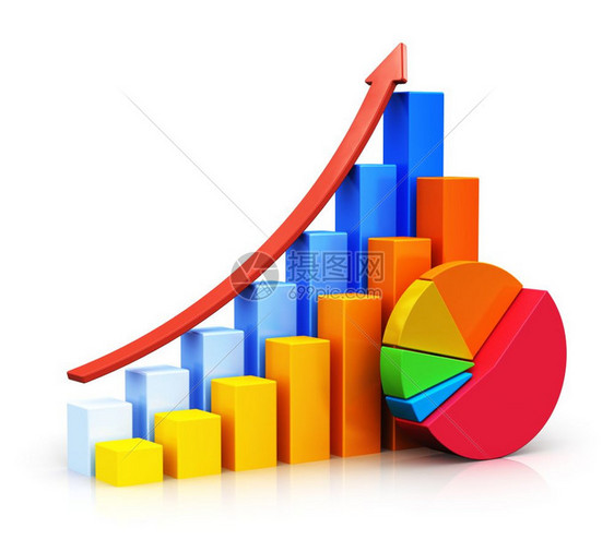 创意抽象商业成功金融增长和发展概念彩色增长条形图红箭不断上升彩色饼图孤立在白色背景上产生反射效果图片