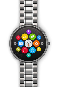 具有创意的抽象商业流动和现代移式可穿戴装置技术概念黑色不锈钢奢侈品数字智能手表或时钟与白色背景孤立的应用图标按钮和钛手镯配彩色屏图片