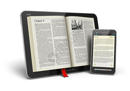 移动阅读和文献图书馆概念用平板电脑和触摸屏智能手机书白色背景孤立图片