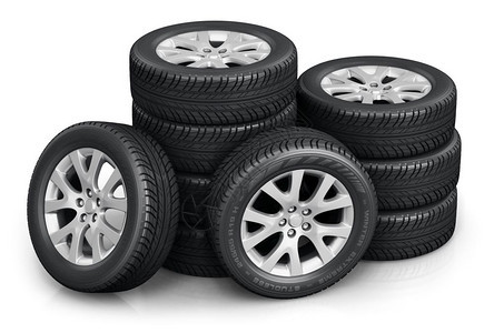 具有创意的抽象汽车工业服务和维修商业技术的汽车概念3D说明一组轮胎或的汽车胎或在白色背景上隔离产生反射效果图片