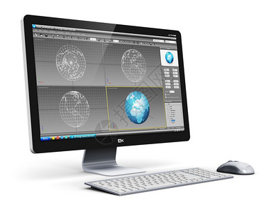 3D设计技术商业概念专台式工作站计算机个人电脑在监视屏幕键盘和白背景的鼠上有3D开发软件界面背景图片