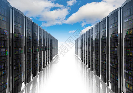 云计算和机联网概念用络服务器对蓝天和云层建立一排网络服务器图片