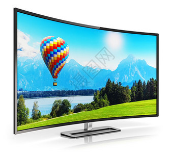 创抽象超高定义数字电视屏幕技术概念3D显示曲线的OLED4KUltraHD电视或计算机PC显示器在白色背景上孤立的多彩自然景观并背景图片