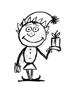 黑色刷子和墨水艺术粗糙的手画着微笑圣达斯柯诞精灵拿着礼物盒圣达斯柯的黑色墨水手画圣达斯柯精灵图片