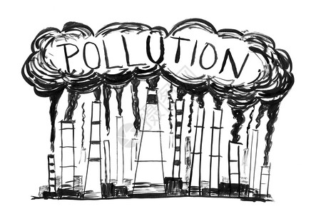 工业或厂烟囱进入空气中的烟雾和囱的黑刷和墨水艺术粗手绘画空气污染的环境概念图片