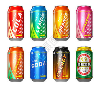 一套彩色金属饮料罐含可乐柠檬橙草莓葡萄果苏打能量饮料和白底啤酒背景图片
