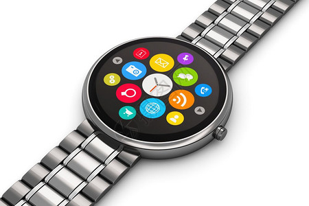 具有创意的抽象商业流动和现代移式可穿戴装置技术概念黑色不锈钢奢侈品数字智能手表或时钟与白色背景孤立的应用图标按钮和钛手镯配彩色屏图片