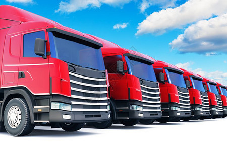 航运物流和货商业概念3D表示在蓝色天空和云层下用白色背景孤立的一排运货拖车图片