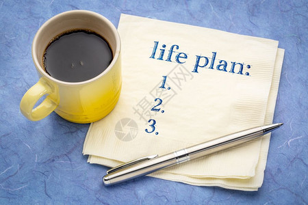 生命计划概念餐巾纸上的空白清单加一杯咖啡图片