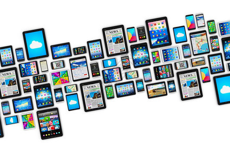 创意抽象移动和数字无线通信技术商业概念平板计算机和现代触摸屏智能手机或移动电话组合与白色背景孤立的图标和按钮配有多彩显示屏幕界面图片