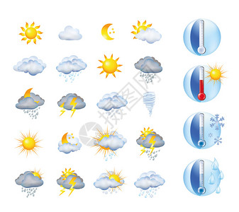 天气符号与温度计和天气预报一起设置说明符号和气象学候背景