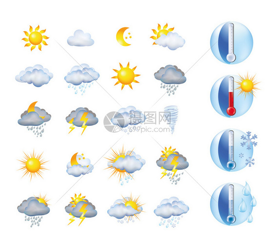 与温度计和天气预报一起设置说明符号和气象学候图片