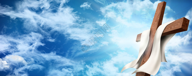 网络横幅复活或复活节概念木质在云层的天空背景上3d插图图片