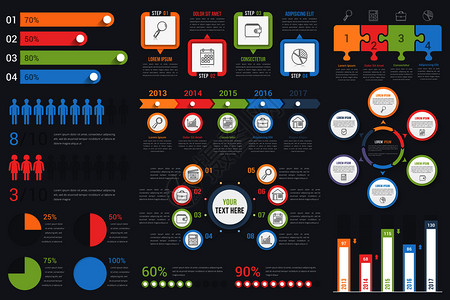 暗底背景的一组信息图表元素条形图人类信息饼形表步骤和选项工作流程拼图百分比圆形图表时间矢量eps10插图图片