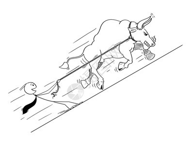 卡通棍在概念上将公牛描述为不断上涨的市场价格象征将快乐的商人拉上绳索图片