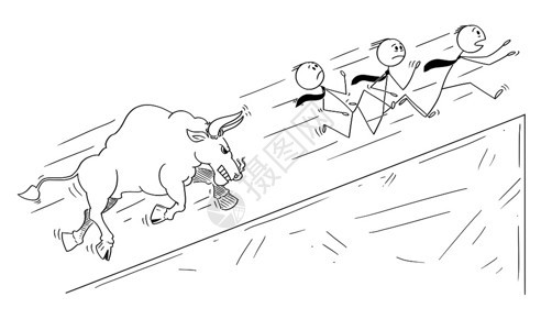 卡通棍在概念上描绘了一群商人从愤怒的公牛向上攀升市场价格象征但最后的结局是Casm卡通商人集团的卡通正在从愤怒的公牛向上攀升市场图片
