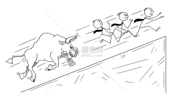 卡通棍在概念上描绘了一群商人从愤怒的公牛向上攀升市场价格象征但最后的结局是Casm卡通商人集团的卡通正在从愤怒的公牛向上攀升市场图片