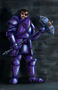 概念艺术数字绘画或用大锤装满板盔甲的一只盲目幻想战士骑的插图图片